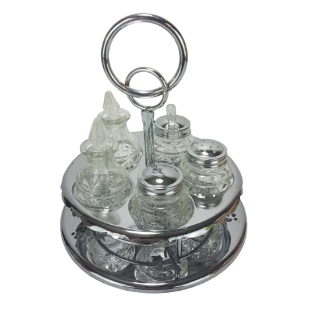 Vintage Chromeware Cruet Set Condiment Set Salt & Pepper Oil & Vinegar Mustard